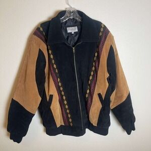 Vintage Leather Southwestern Aztec Bomber Jacket Mens Large Black Tan Suede 90s